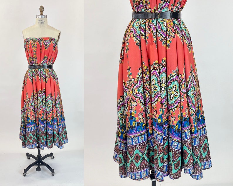 Y2k Orange Paisley Floral Maxi Half Circle Skirt Dress Silky Multi Color Blue Purple Border Print Boho Hippie Size Small-Medium S M image 5