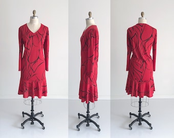 Vintage 80s Red Party Dress with Black Abstract Leaf Print, Drop Waist, Flapper Style, Long Sleeves, Anthony Richards, Size 16, Large