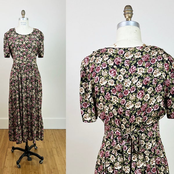 Black Floral Rose Dress, 90s Vintage Floral Dress, Floral Vest Dress, 90s Maxi Dress, Floral Grunge Dress, Pink and Yellow, Size 10, Medium