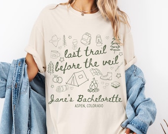 Shirts voor vrijgezellenfeesten | Gepersonaliseerde Last Trail Before the Veil | Comfortkleuren Camping Bach