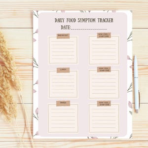 Könnte beinhalten: Ein täglicher Tracker für Lebensmittelsymptome auf hellrosa Hintergrund mit floralen Akzenten. Der Tracker enthält Abschnitte für Frühstück, Mittagessen und Abendessen mit Platz zur Aufzeichnung von Symptomen. Ein weißer Stift liegt auf einer Holzoberfläche.