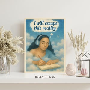 Escaping Reality Digital Art Print, Surreal Art Decor, Home Wall Art, Girl Day Dreaming, Digital Wall Art, Head In The Clouds, Dreamer Art