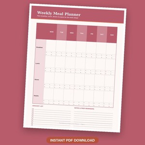 May include: A weekly meal planner template with a maroon and white color scheme. The document features a grid for breakfast, lunch, dinner, and snacks across seven days, plus a grocery list and notes section. Text includes Plan Meals & Track Macros in Minutes.