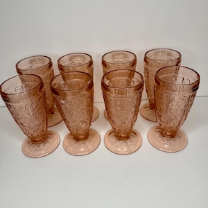 Indiana Glass Company pink Tiara tea glass set of 8, Vintage pink glass, drinking glasses, pedestal drink glasses, drinking glass set