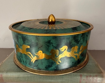 Vintage West Germany Cookie Tin Green Gold Horse Pattern Equestrian Sunburst Lid