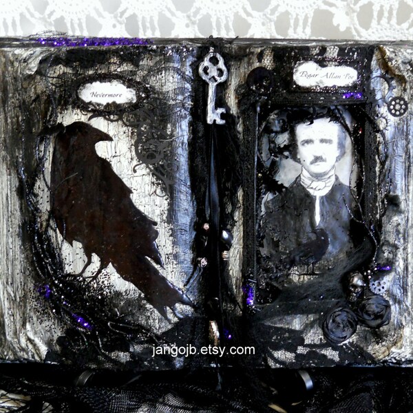 Edgar Allan Poe Altered Book Raven Nevermore...Black Lace, Glitter,Bats, Beads, Skeleton Key,Skull & More!