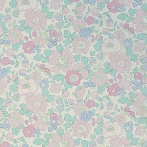 May include: A white background with a repeating pattern of pink, blue, and green flowers. The flowers are stylized and have a vintage look.