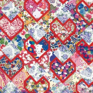 May include: A patchwork fabric with heart-shaped designs outlined in red. Each heart showcases a unique floral or patterned fabric, some featuring Hello Kitty characters. The background is a mix of floral and patterned fabrics.