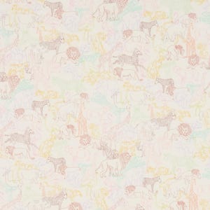 May include: A seamless pattern featuring a variety of animals, including zebras, lions, giraffes, and other wildlife, drawn in a delicate, pastel colour palette on a white background.