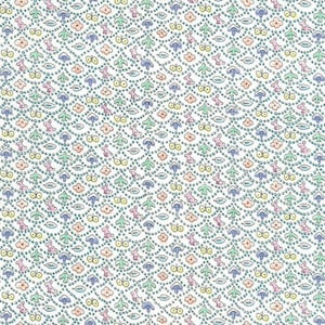 May include: A white fabric with a repeating pattern of small, colorful illustrations. The pattern includes birds, butterflies, flowers, mushrooms, and leaves. The background is white.