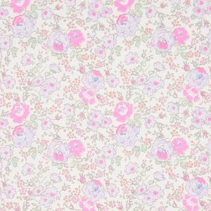 May include: A white background with a repeating pattern of pink and purple flowers. The flowers are stylized and have a vintage look.