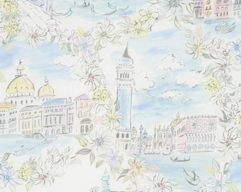 Può includere: Illustrazione ad acquerello di un paesaggio urbano veneziano con edifici, ponti e gondole. La scena è incorniciata da elementi floreali dai colori pastello, creando un'estetica morbida e romantica. L'opera presenta un cielo e acqua azzurri.