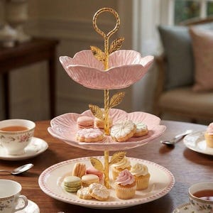 May include: A three-tiered pink serving tray with gold accents, holding macarons, cupcakes, and cookies. The tray has a floral design and is set on a wooden table with teacups and spoons.
