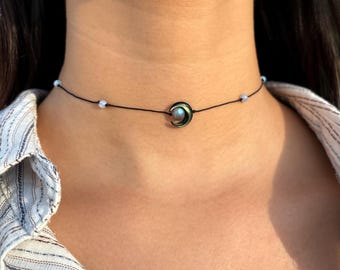 Goth Style Cosmic Pendant Choker, Satellite Shape Necklace, Nature Mother Pearl and Stone Charms, Gift for Friend, Boho Moon Necklace