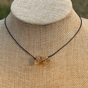 May include: A simple necklace with a brown cord and a golden brown crystal pendant.