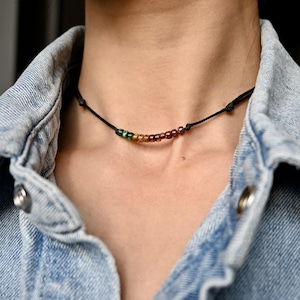 Black Choker Necklace, Czech Glass Bead Choker, Adjustable Necklace, Black Cord, 90s Boho Style, Surfer Jewerly, Waterproof, Dainty Choker