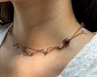 Natural Copper Quartz Double Strand Choker, Adjustable and Vibrant Earthy Necklace, Thin Beaded Necklace, Surfer Necklace, 90s Choker Trends
