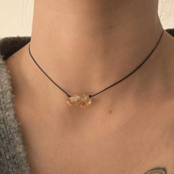 Natural Citrine Layered Choker, Adjustable Sliding Knot, Bohemian Stacking Jewelry, Black Waxed Cord Necklace, Meditation Jewelry Gift