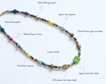 Multicolor Beaded Necklace, Handmade with Gemstones, Pearls, and Tiny Beads, Funky Jewelry, Czech Glass Choker, Personalized Earthy Elegance
