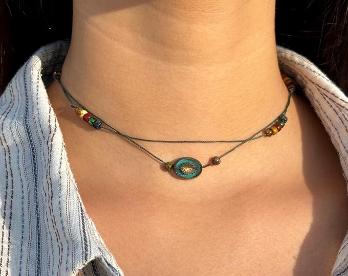 Vintage Inspired Double-Strand Bohemian Glass Bead Choker, Dainty Charm Choker, Boho Chic Necklace, Everyday Necklace with Multicolour Beads