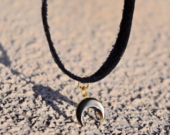 Gothic Black Leather Moon Choker Necklace, Crescent Pendant, Handmade Jewelry, Crescent Moon Choker, Black Goth Choker, 90s Style Necklace