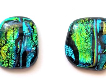 Green and Blue Fused Glass Dichroic Cabochon Set, Jewelry, Pendant