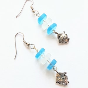 Aqua and Clear &quot;Sea Glass&quot; Earrings, Beach Glass Jewelry, Silver Earrings