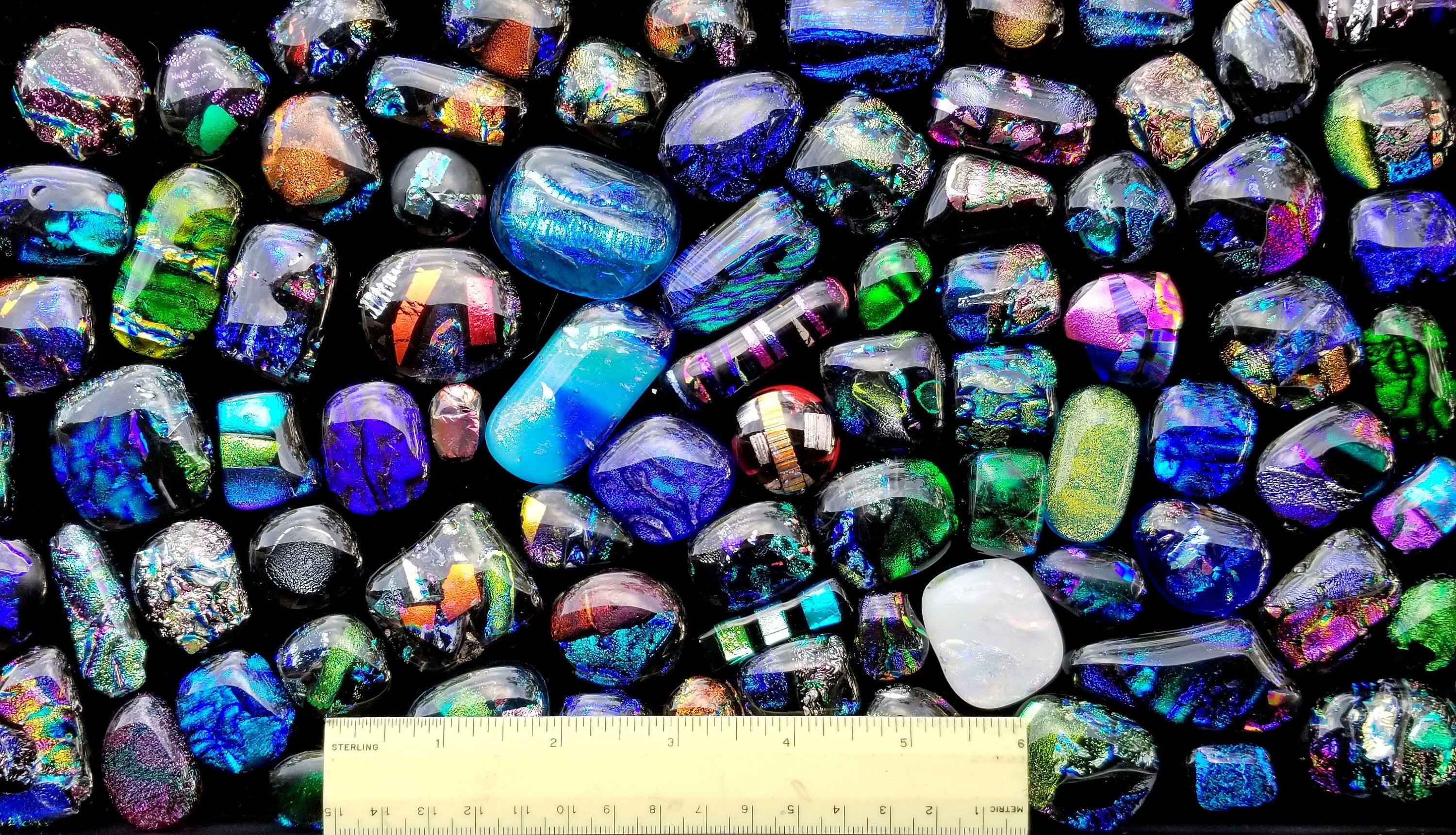 Cabochon, dichroic glass, black and multicolored, 5-11mm non-calibrated  round. Sold per 15-gram pkg, approximately 20-25 cabochons. - Fire Mountain  Gems and Beads