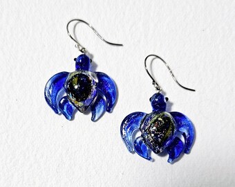 Dichroic Lampwork Sea Turtle Earrings, Dichroic jewelry, Glass Earrings, Turtle Earrings