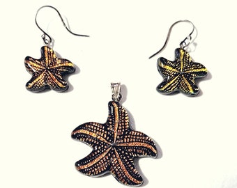 Dichroic Starfish Pendant and Earring Set, Dichroic jewelry, Glass Pendant, Dichroic Earrings