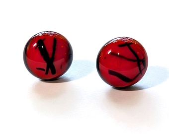 Red and Black Fused Glass Post Earrings, Jewelry, Post Earrings, Glass Stud Earrings