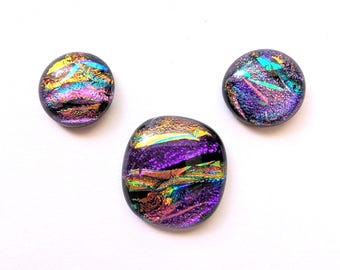 Purple and Gold Fused Glass Dichroic Cabochon Set, Dichroic Glass jewelry, Dichroic Glass Pendant Necklace, Unique Necklace for Women or Men