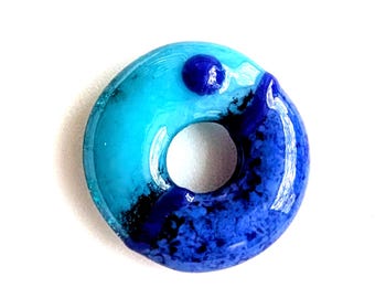 Fused Glass Jewelry Pendant, Blue Donut Jewelry Component