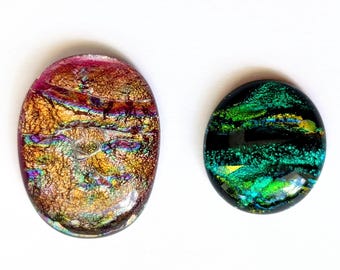 Green and Gold Colored Fused Glass Dichroic Cabochon Set, Jewelry, Pendant