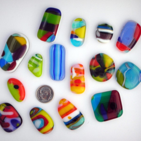 15 Colorful Glass Cabochons, Fused Glass Jewelry, Fused Glass Pendants