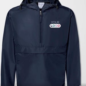 May include: A navy blue hooded windbreaker jacket with a zipper closure and a white oval patch that says "YOUR LOGO".