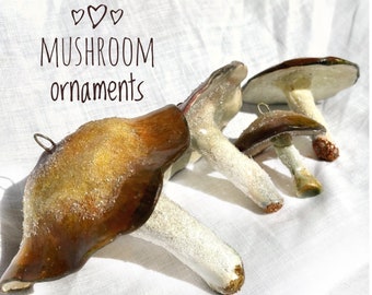 Mushroom Ornament Home Decor, Pottery Gift, Single Ornament OR Set of Two, Brown Ceramic Shiitake Gift