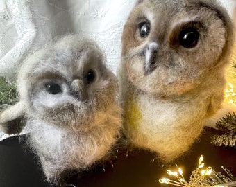 Needle Felted Owls, Baby Animal Soft Sculpture, Bird Taxidermy Art Gift, Rustic Felted Wool Owl for Birdwatcher Gift