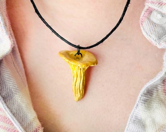 Clay Mushroom Necklace, Rustic Chanterelle Shroom Jewelry, Ceramic Pendant for Vegan, Chef