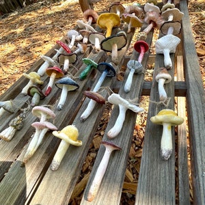 mushroom ornaments in many colors laying down on brown bench, sparkling