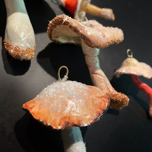 brown, rust, white mushroom ornaments on top of black background, sparkling