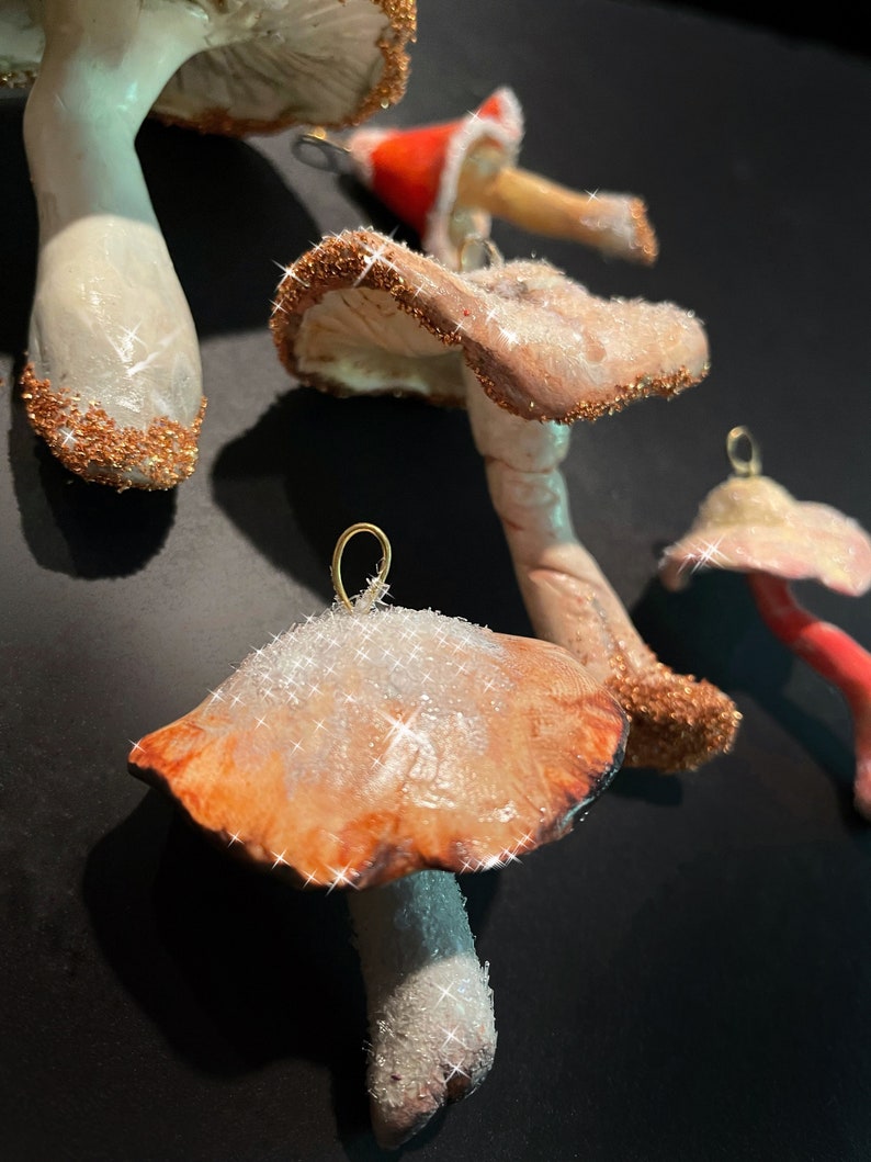 brown, rust, white mushroom ornaments on top of black background, sparkling