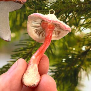 red glittery mushroom ornament  hand holding green pine tree background