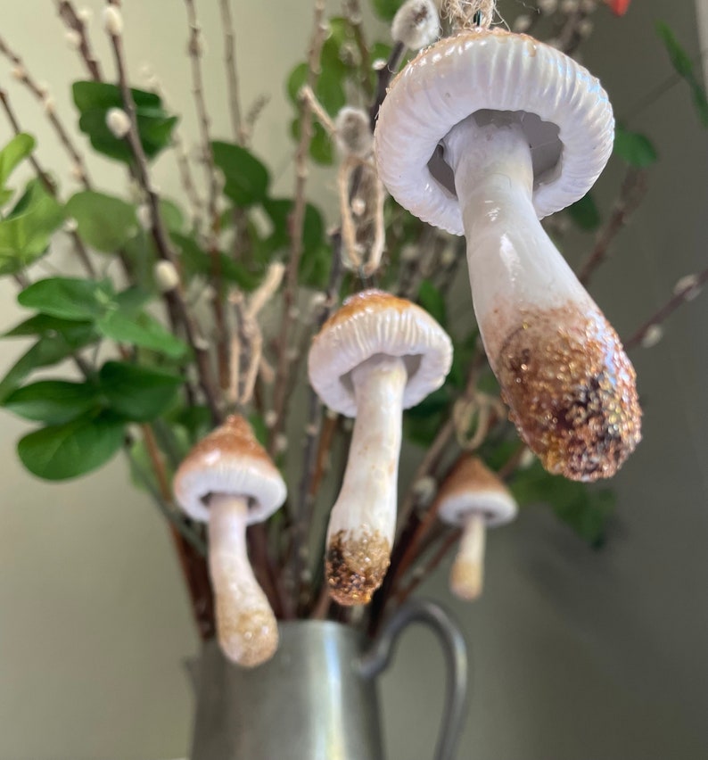 3 brown and white mushroom ornament hanging from tree