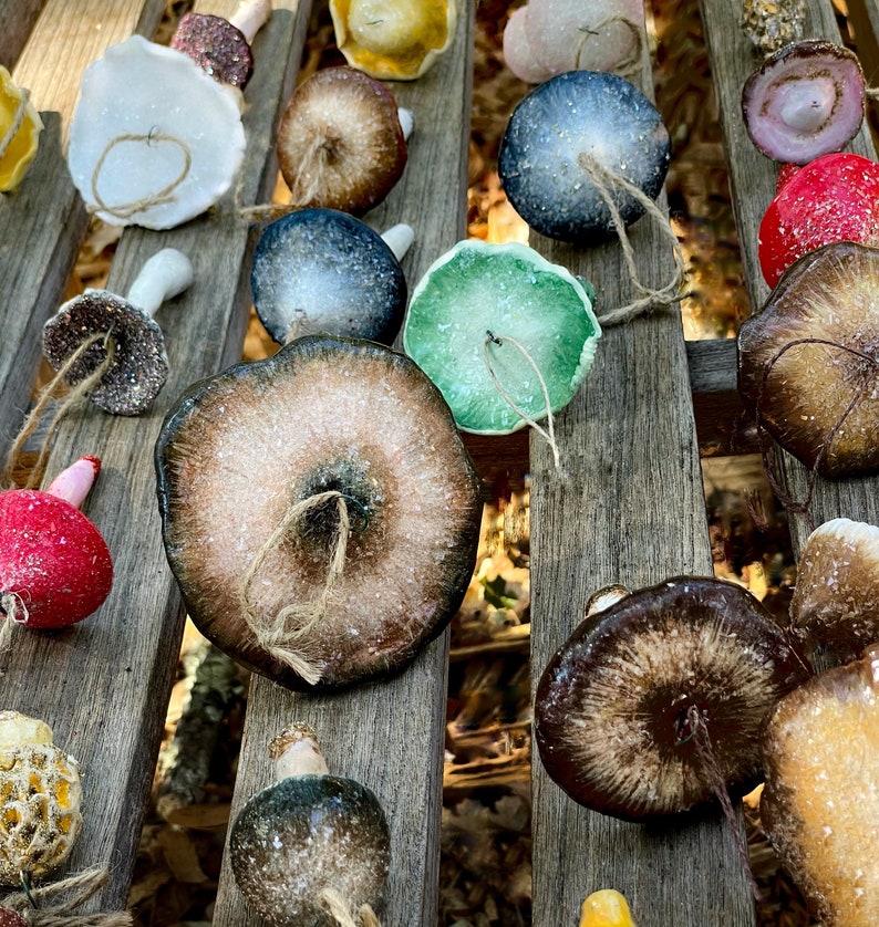 mushroom ornaments in many colors laying down on brown bench, sparkling