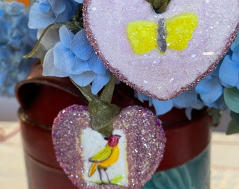 Heart Glitter Ornaments/Set of Two/ Holiday Decor