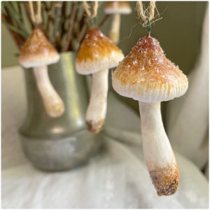 3 brown and white mushroom ornament hanging from tree