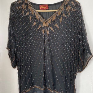 Vintage 70&#39;s Indian beaded Silk blouse embroidery sequins evening top sparkle cocktail medium