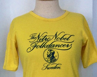 Vintage T shirt Swedish Folk Dancers T-shirt soft cotton ringer Tee bright Yellow navy graphic 1980s top