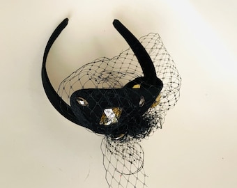 Vintage head piece Fascinator black veil headband rhinestone gems wool felt 1960s